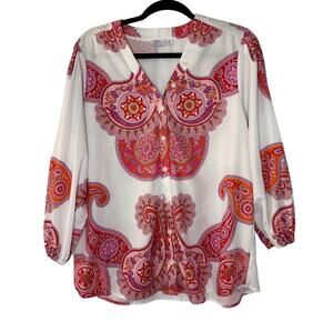 Collection by Cezele Paisley Blouse Hot Pink Orange Button Down Small